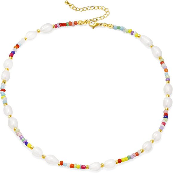 Colorful Beaded Necklace Women Pearl Choker Gold Plated Stainless Steel - Picture 1 of 6